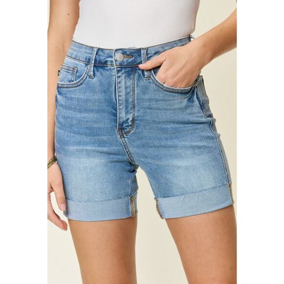 Judy Blue Tummy Control High Rise Waist Zipper Fly Medium Washed Denim Shorts - Picture 5 of 5